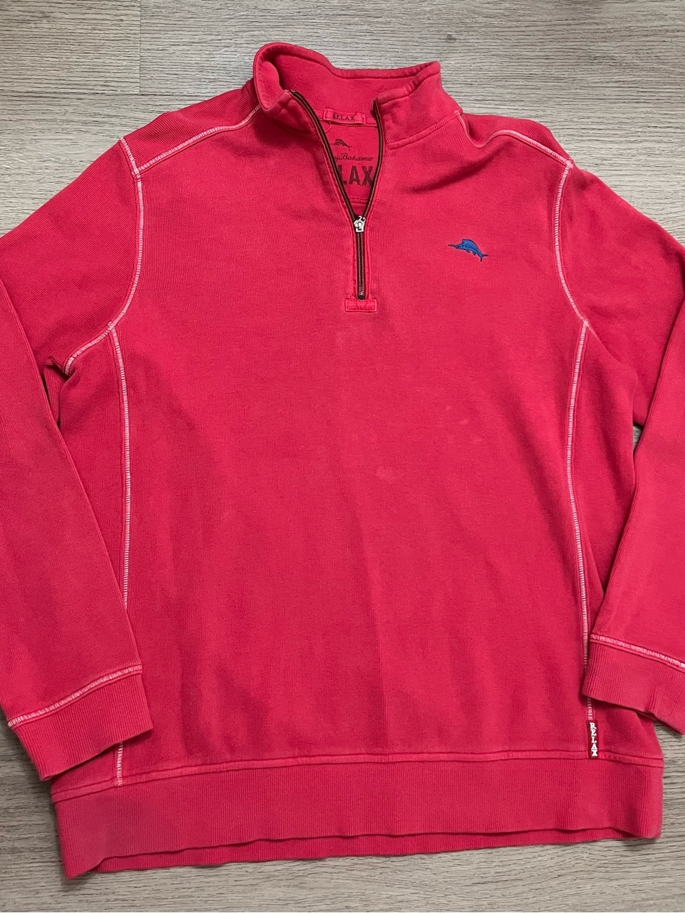 Tommy Bahama Relax Men's Coral Red Quarter-Zip Pullover Dolphin Logo Mock Neck